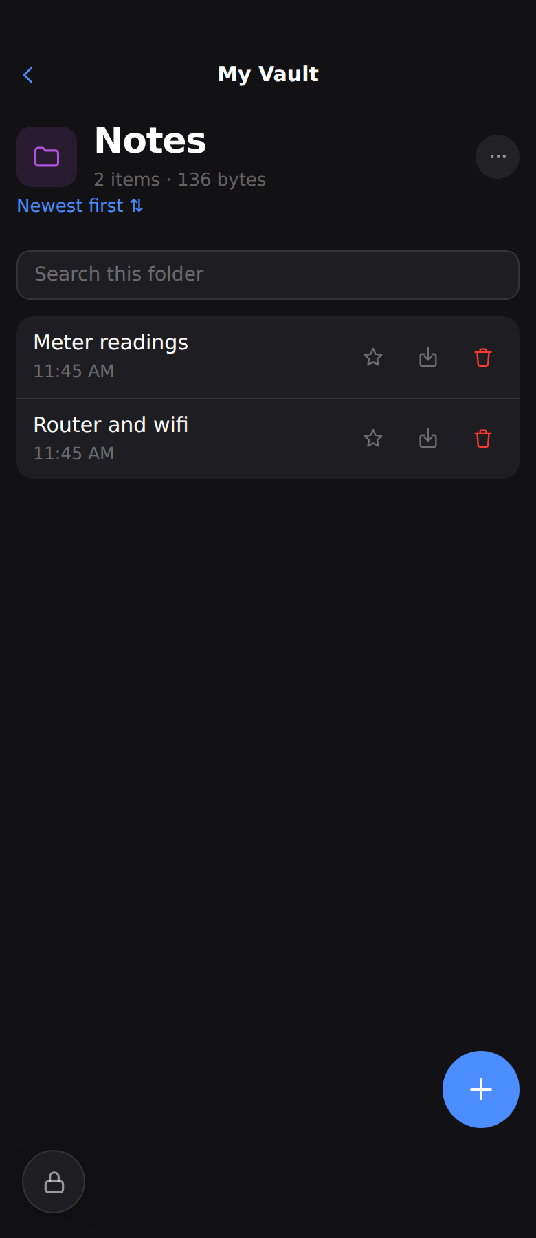 Inside a folder in dark mode: two notes listed with a search box above them.