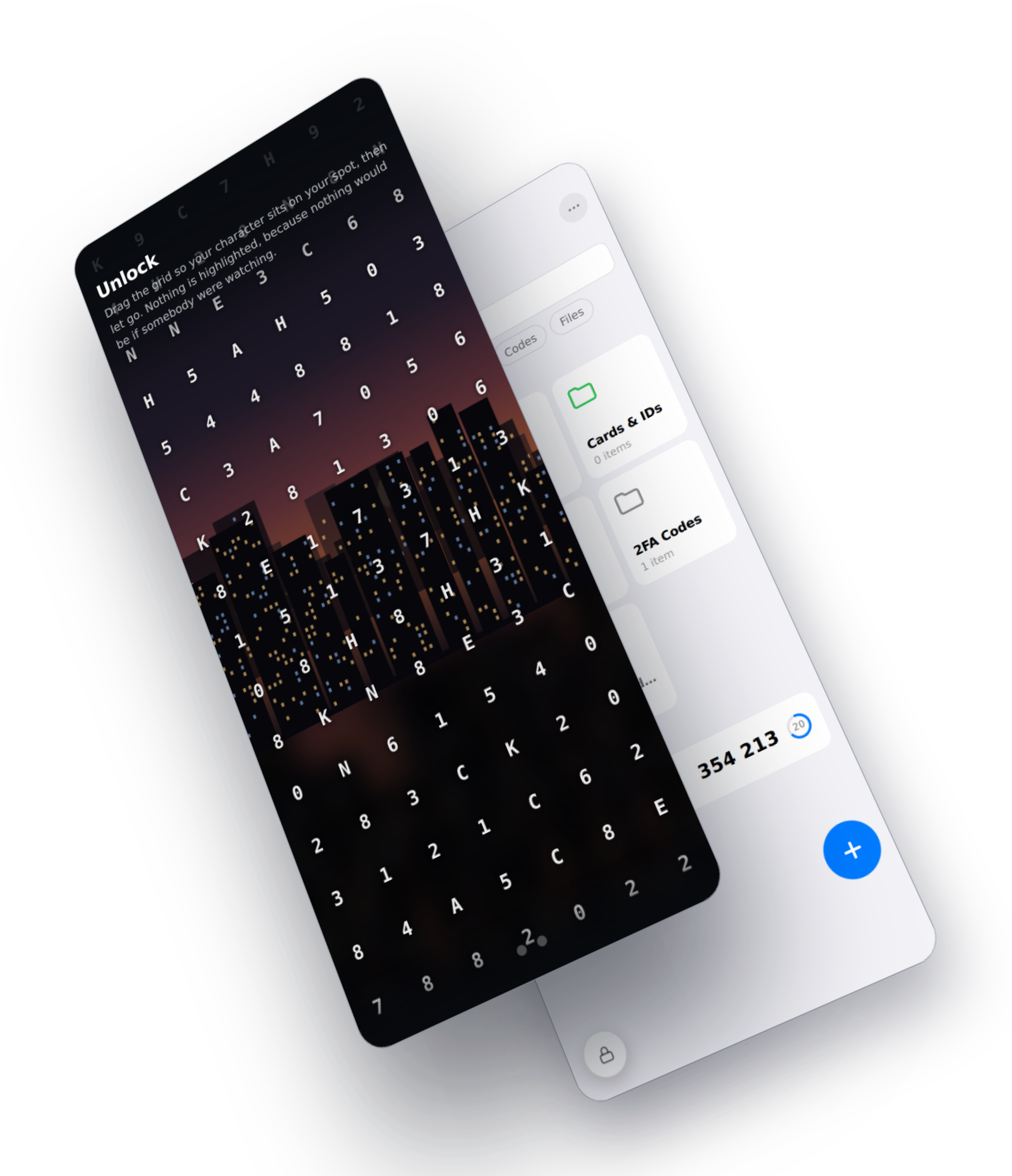 Two screens of the extension, one turned and floating in front of the other: the lock screen, a grid of letters and numbers over a photograph of a city at dusk asking you to drag your character onto your spot, and behind it the vault it opens, with folders and a two-factor code.